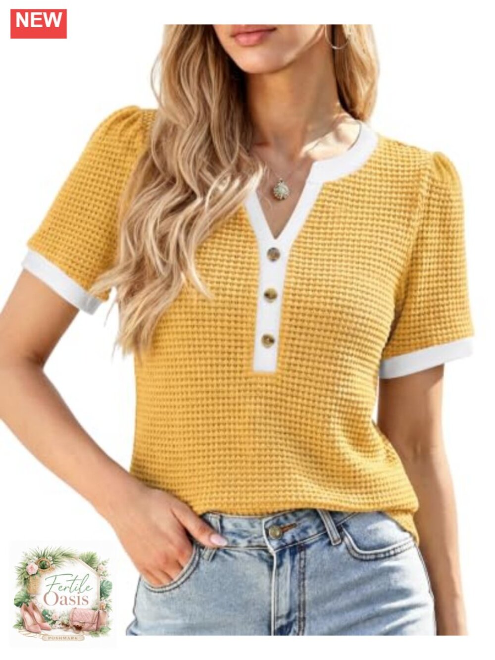 Women's V Neck Puff Sleeve Waffle Knit Top - Lightweight Summer Sweater -